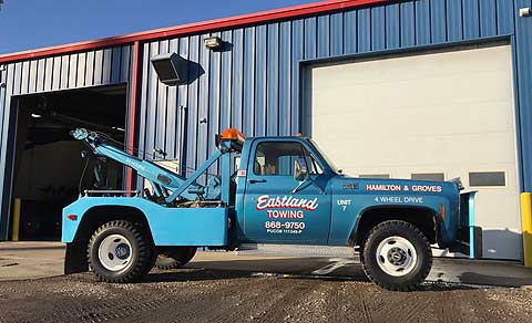 Eastland Towing 4 wheel wrecker for off-road rough terrain situations.